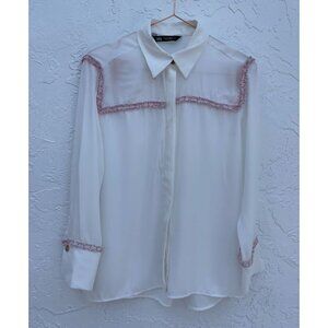 Zara Womens Long Sleeve Button Down See-Through Textured Shirt White Sz S